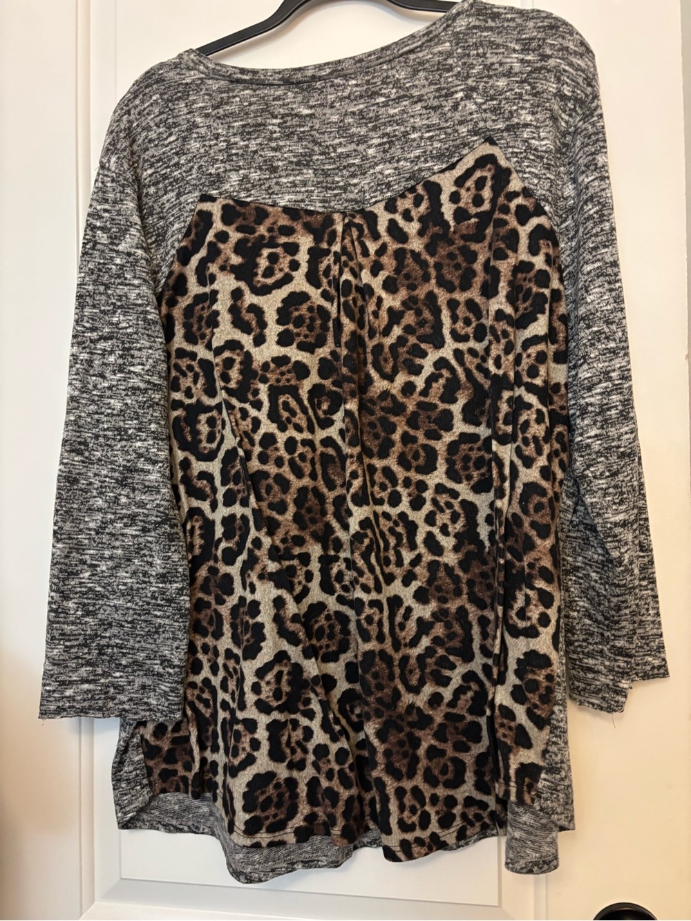 Brittany Black Gray Knit Top with Brown Leopard Front Panel